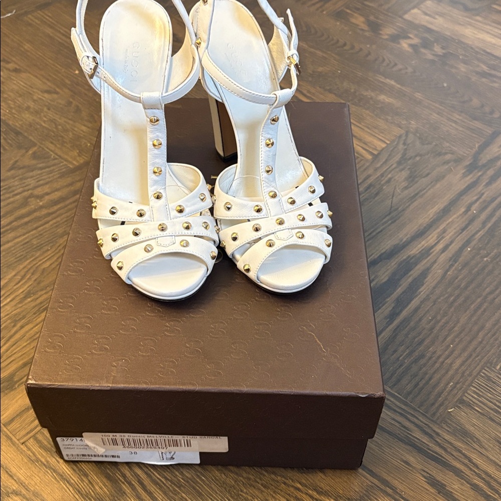 Gucci nappa Moorea white leather studded heels gold 38 Italy as is
